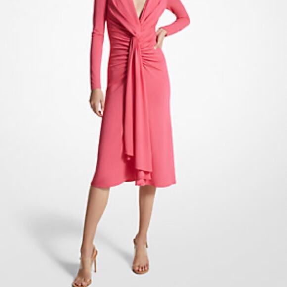 Micheal Kors Collection bright Pink fit & flare draped plunge neck Midi Dress 0 - Picture 3 of 16